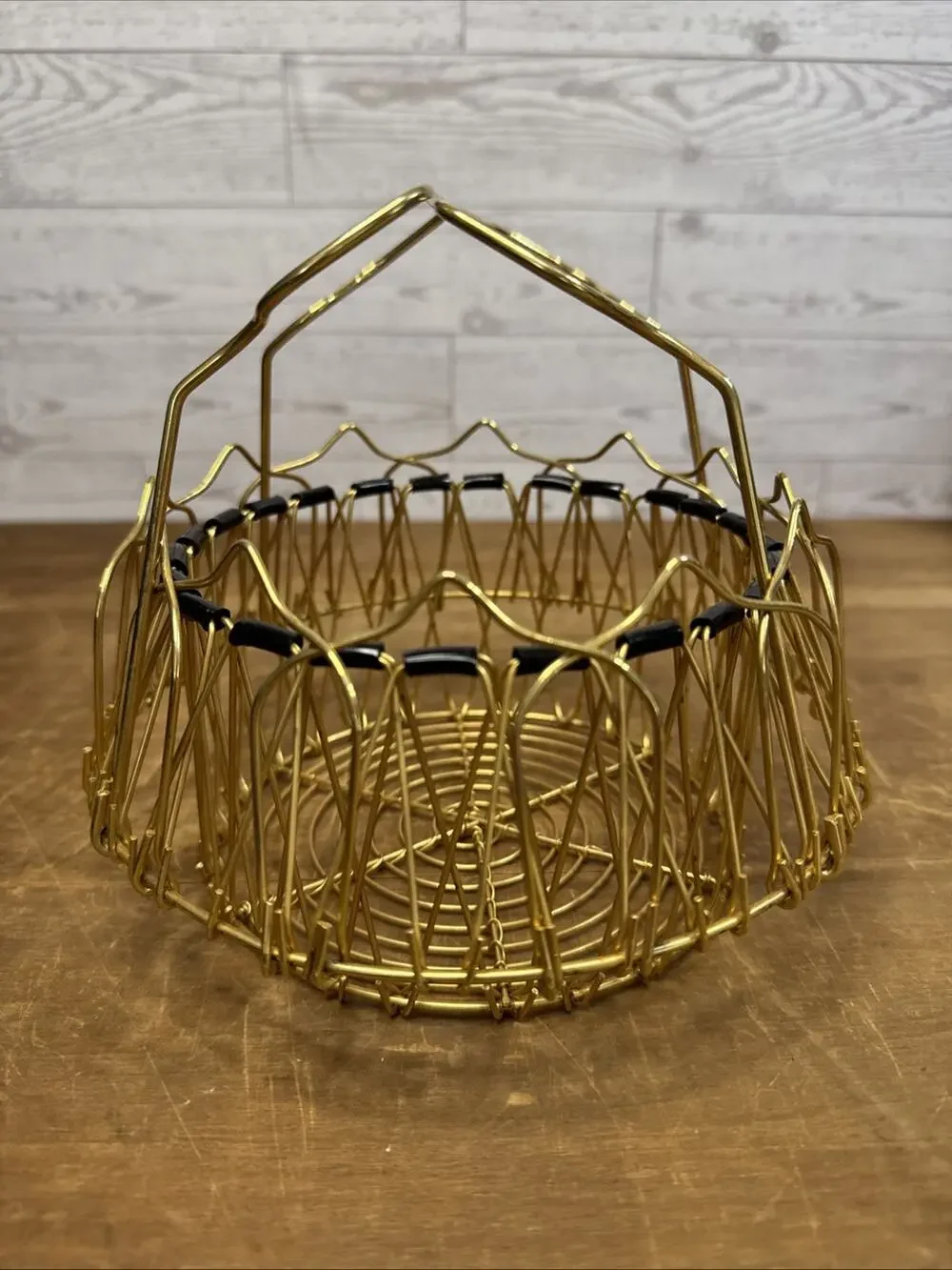 Vtg MCM Expandable Gold Wire Fruit Egg Basket Folding Atomic Style